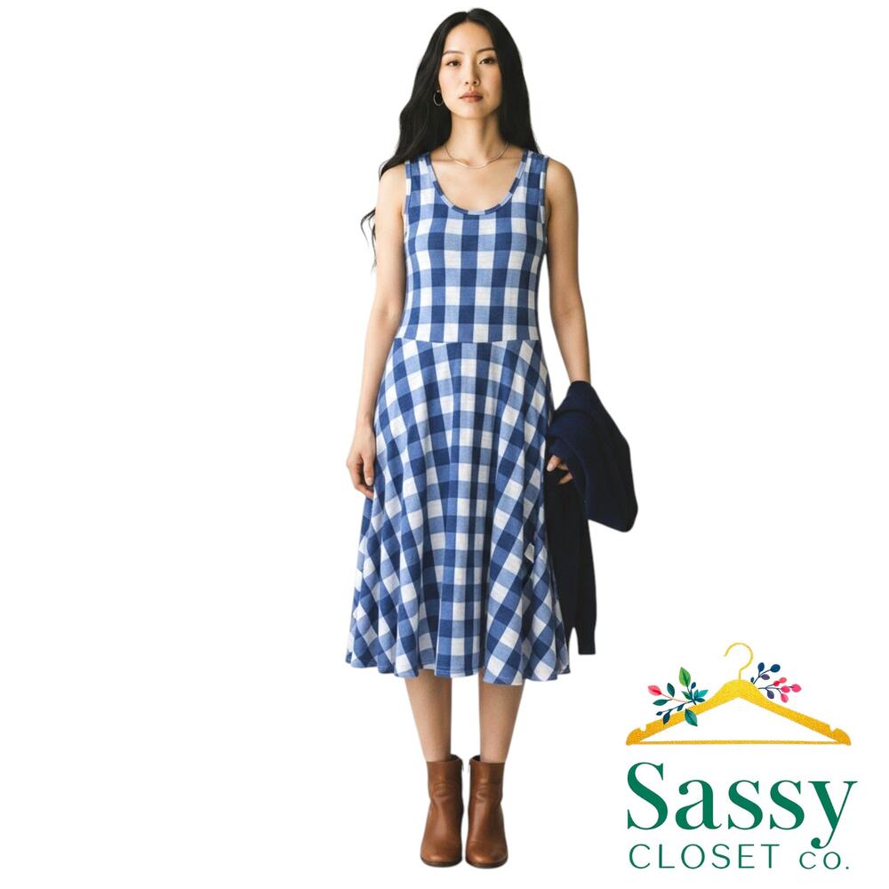 LuLaRoe Nicki Blue White Gingham Plaid Midi Dress XL NWT Pockets